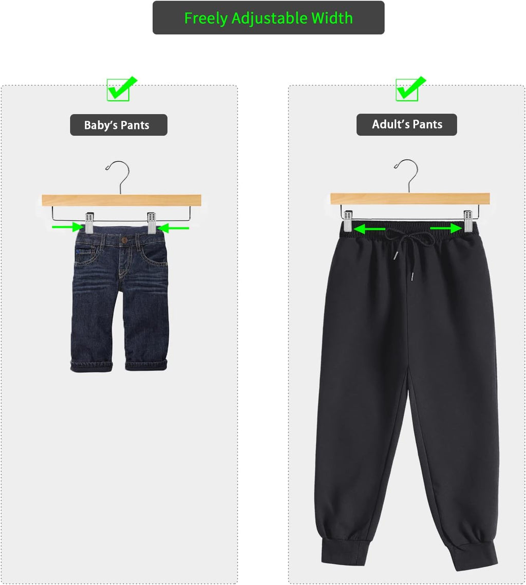 Solid Lotus Wood Pants Hangers – Adjustable Skirt & Jeans Clips (10 Pack)