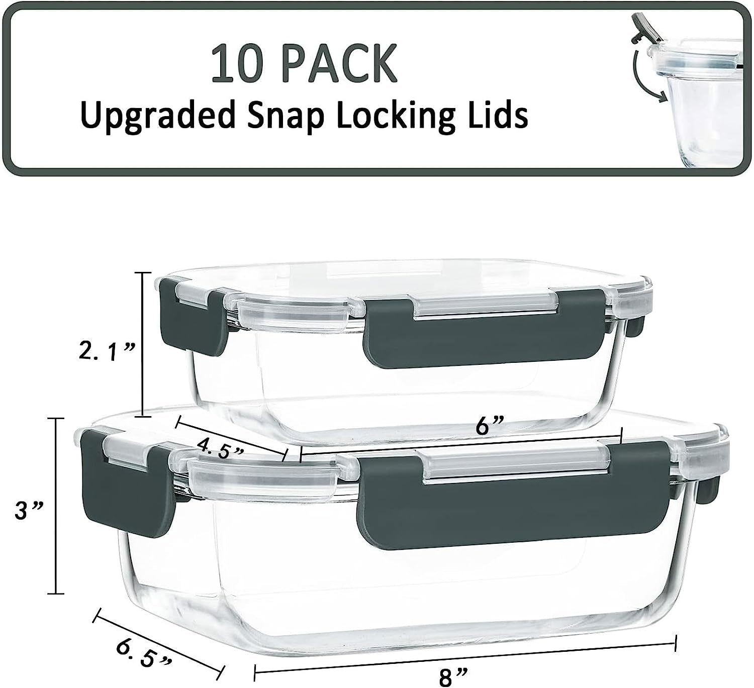 Glass Meal Prep Containers with Snap Lids – 10 Pack