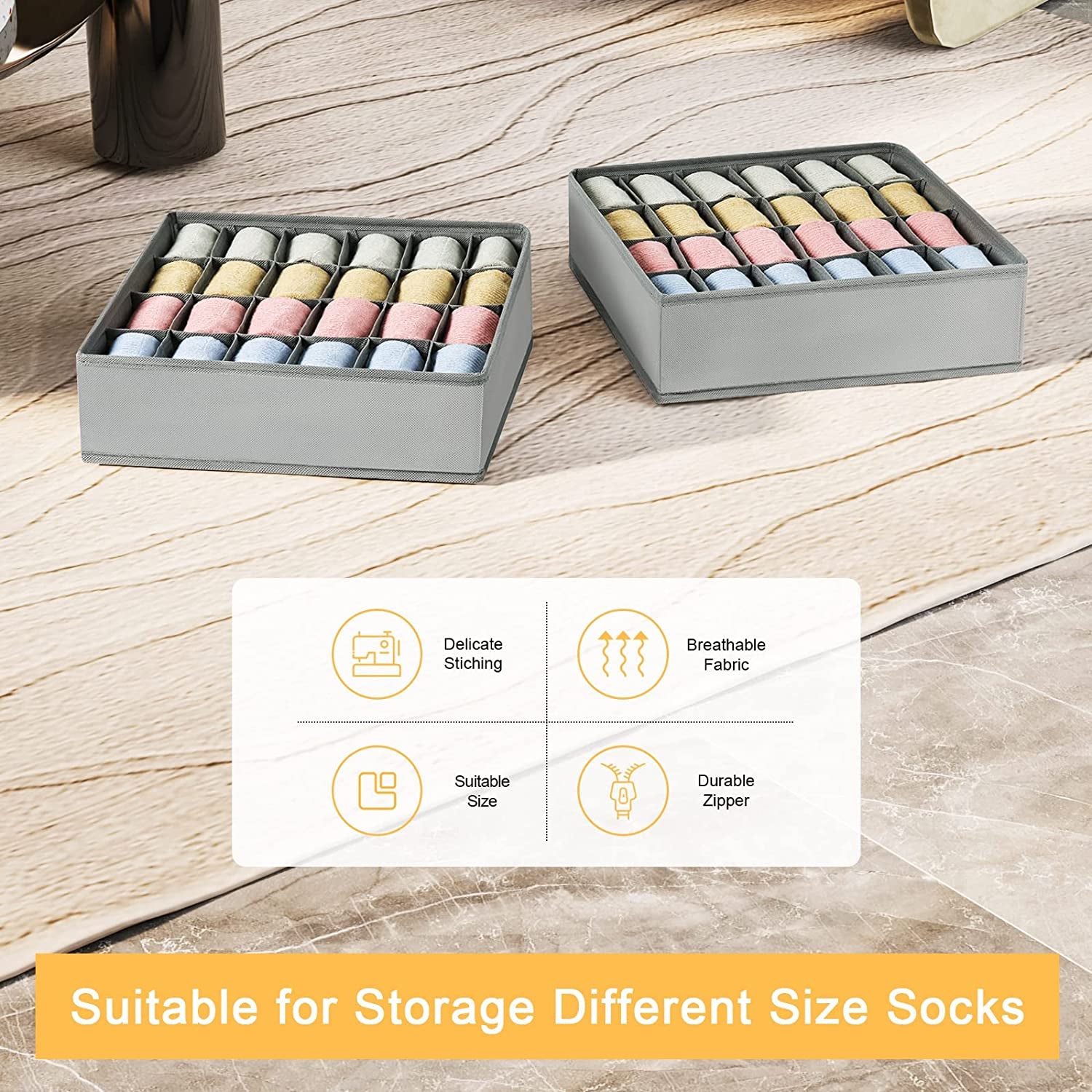 24-Cell Sock Drawer Organizer – Grey Closet Divider (2 Pack)