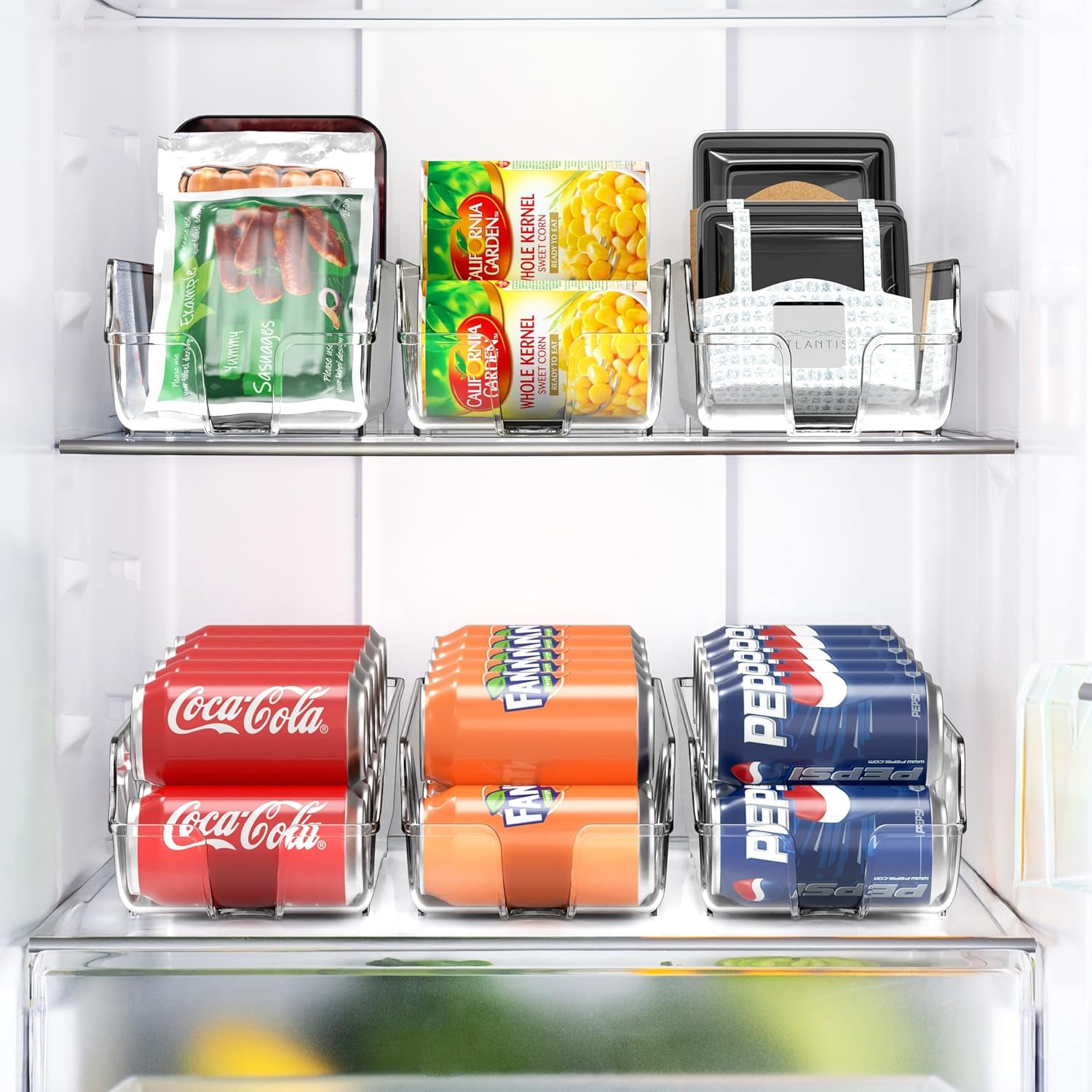 Soda Can Organizer and Dispenser for Refrigerator / Pantry, Clear, Set of 2