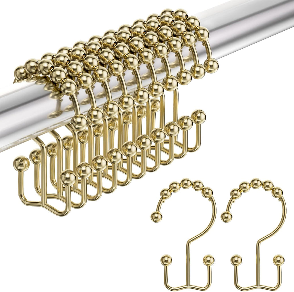 Double Glide Gold Shower Curtain Hooks – Rust-Resistant (12 Pcs)