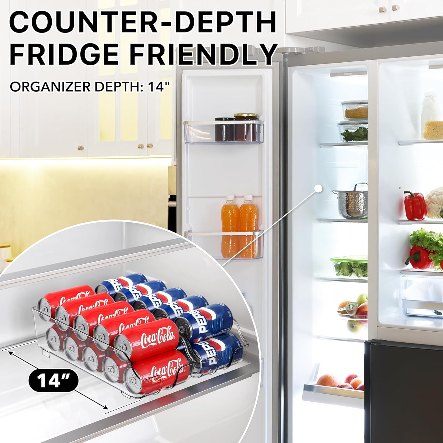 Soda Can Organizer and Dispenser for Refrigerator / Pantry, Clear, Set of 2