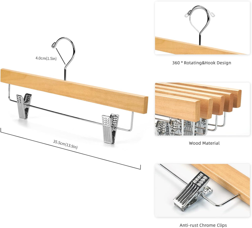 Solid Lotus Wood Pants Hangers – Adjustable Skirt & Jeans Clips (10 Pack)