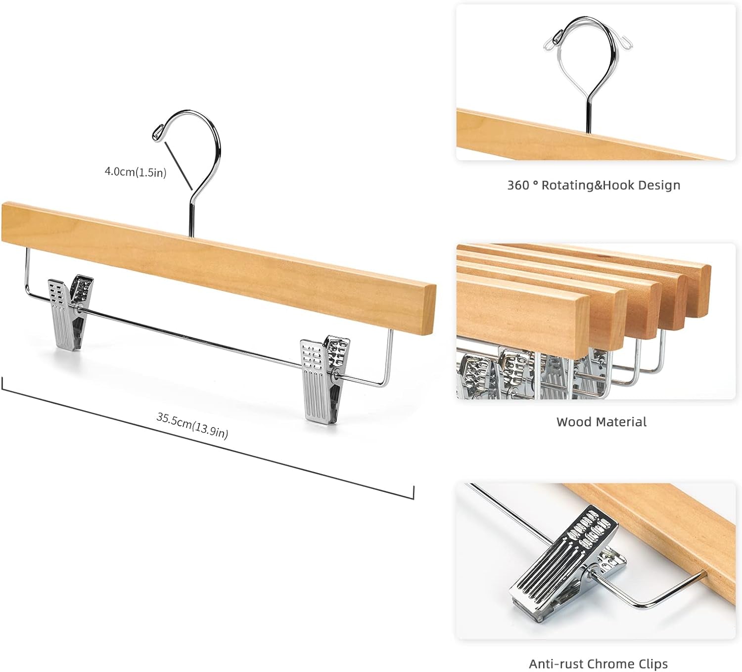 Solid Lotus Wood Pants Hangers – Adjustable Skirt & Jeans Clips (10 Pack)