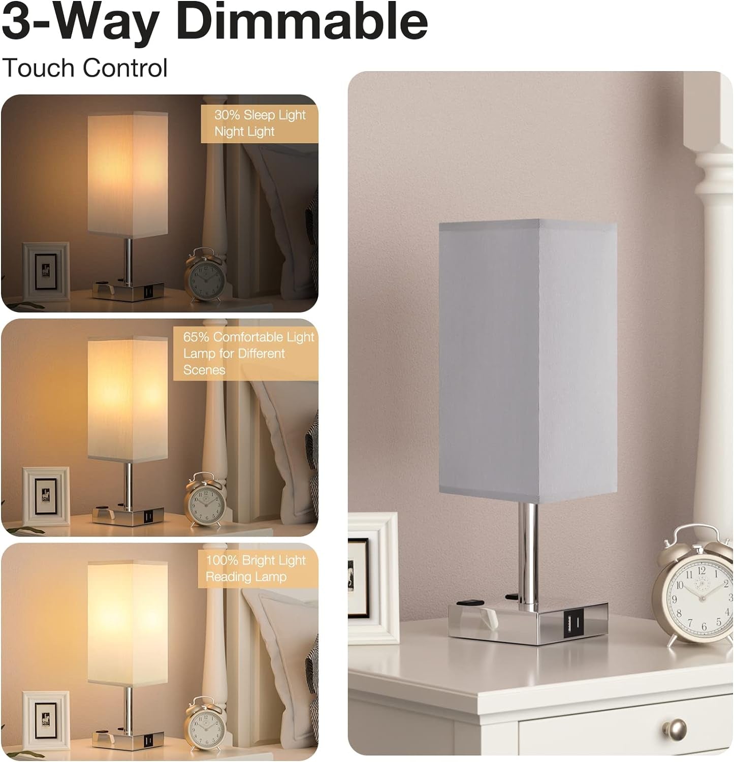 Touch Control Bedside Lamp -3-Level Dimmable Smart Table Lamp with USB Ports