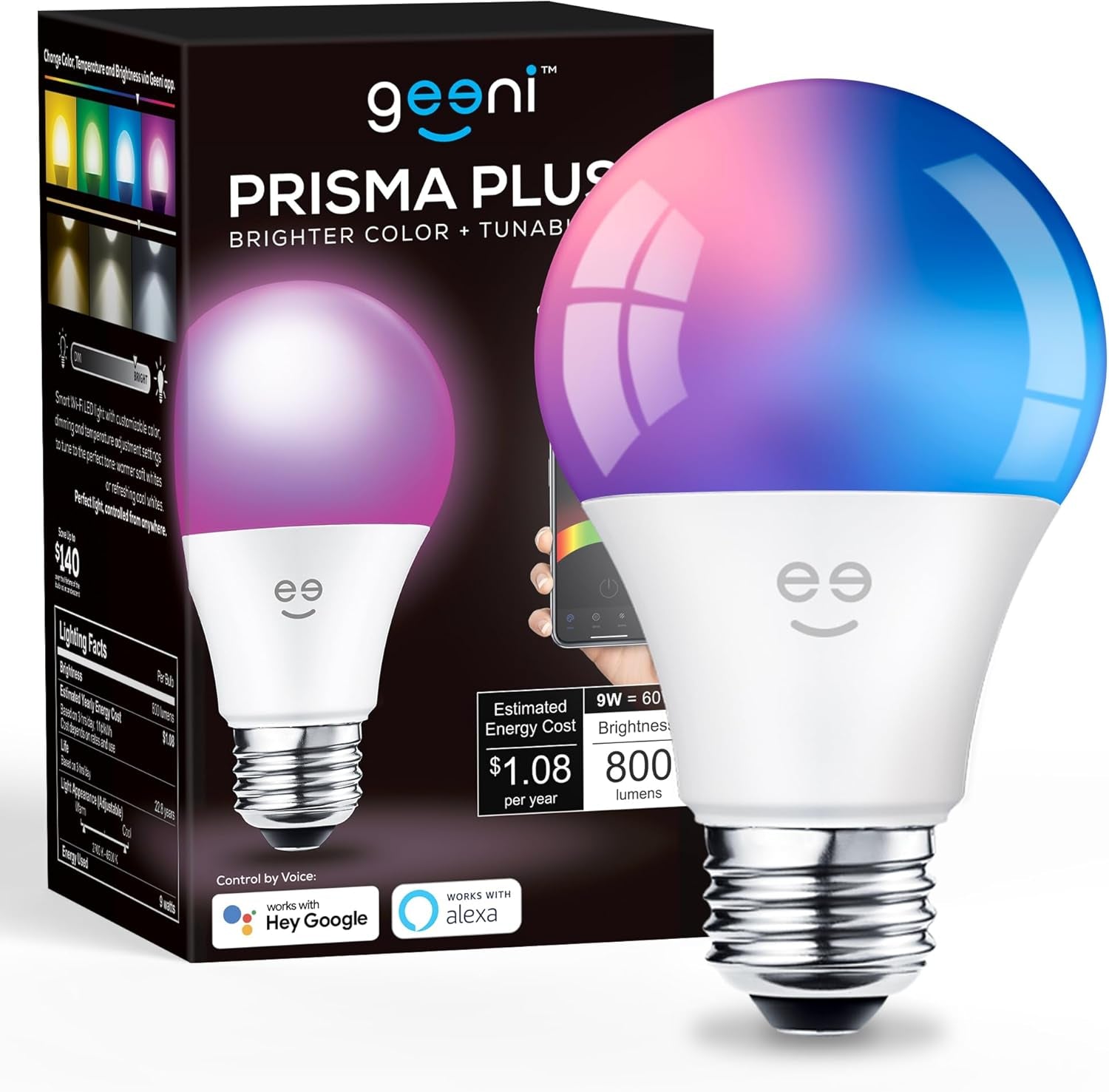 Prisma Plus 800 Smart LED Bulbs (2-Pack) – Color-Changing & Tunable White, Alexa/Google Compatible