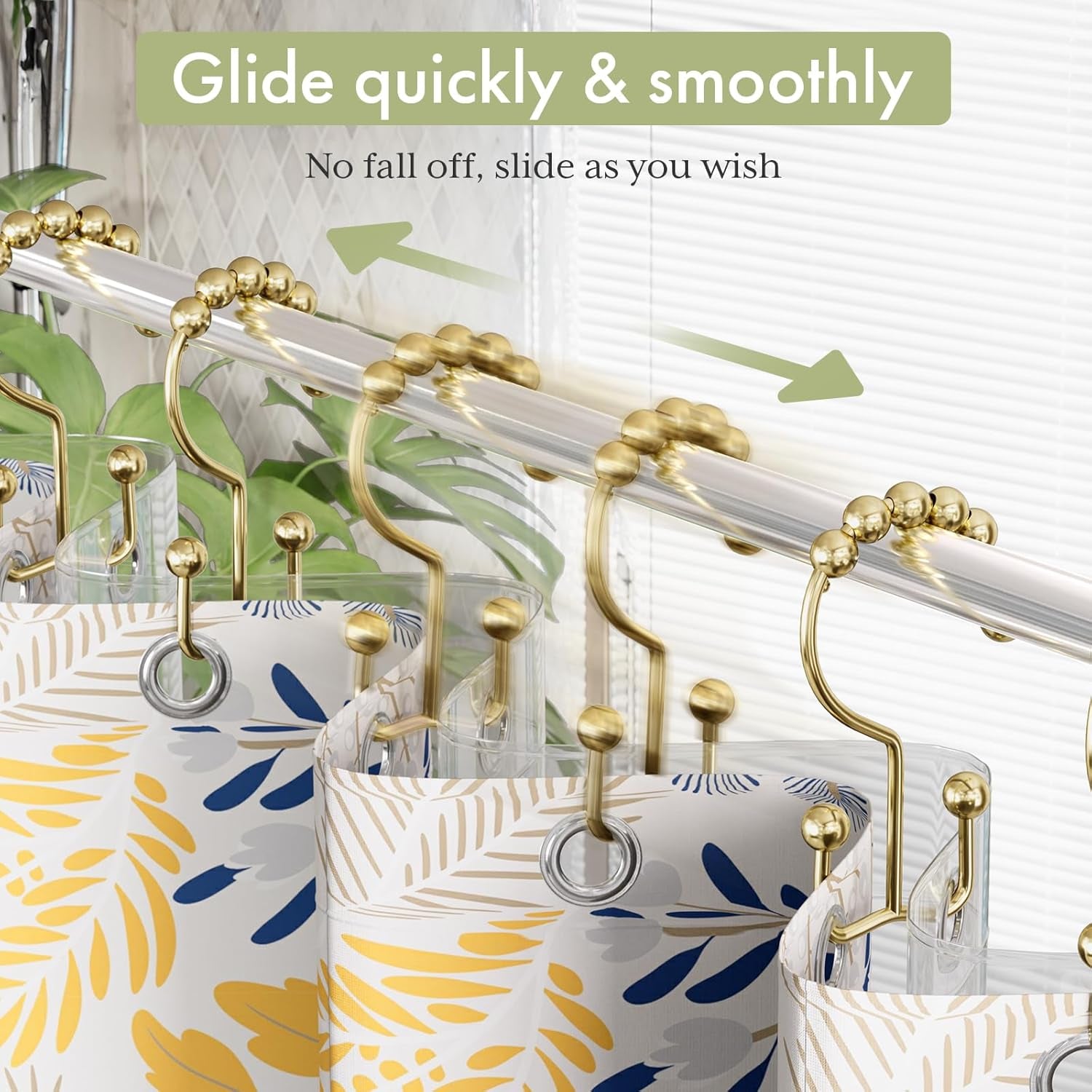Double Glide Gold Shower Curtain Hooks – Rust-Resistant (12 Pcs)