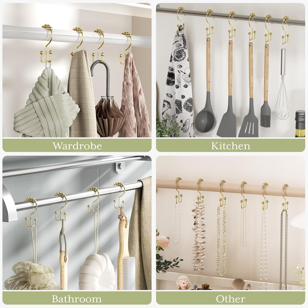 Double Glide Gold Shower Curtain Hooks – Rust-Resistant (12 Pcs)