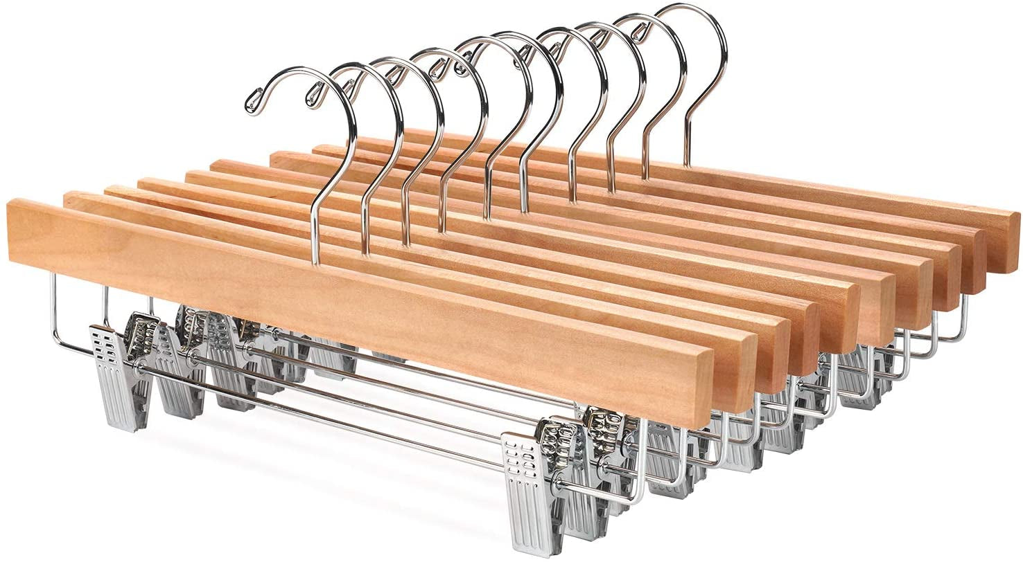 Solid Lotus Wood Pants Hangers – Adjustable Skirt & Jeans Clips (10 Pack)