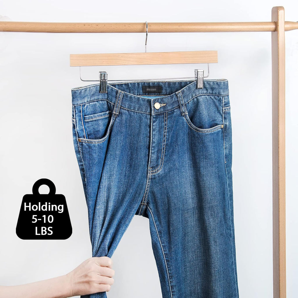Solid Lotus Wood Pants Hangers – Adjustable Skirt & Jeans Clips (10 Pack)