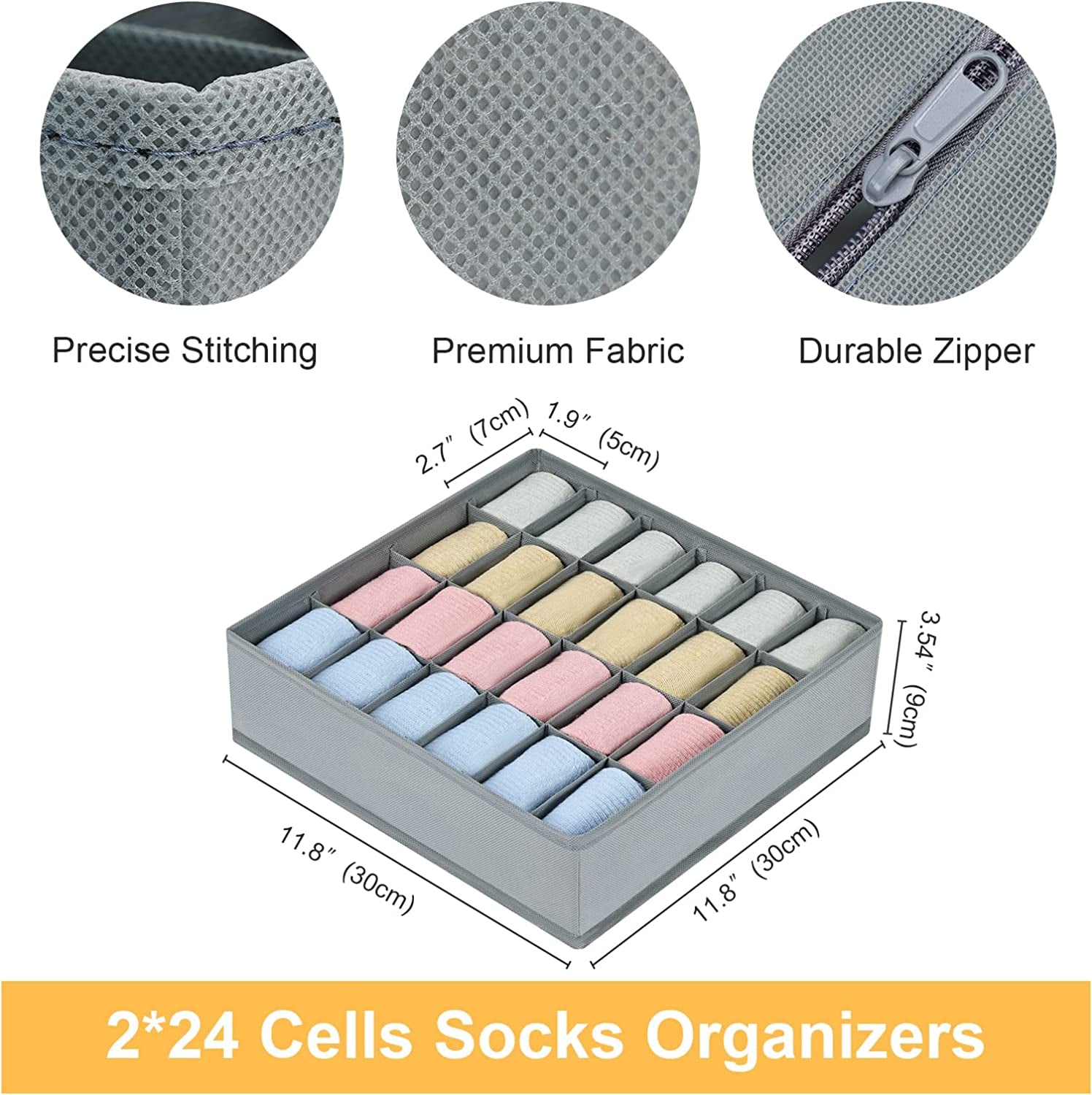 24-Cell Sock Drawer Organizer – Grey Closet Divider (2 Pack)