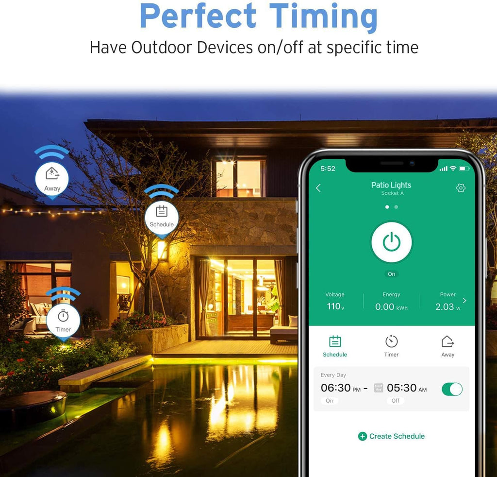 Outdoor Smart Plug Wifi with Dual Sockets – Alexa & Google Compatible (Waterproof, Energy Monitoring)