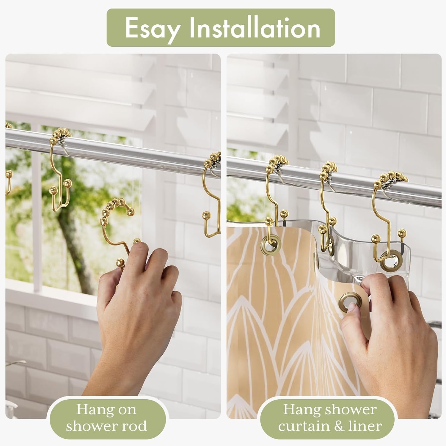 Double Glide Gold Shower Curtain Hooks – Rust-Resistant (12 Pcs)