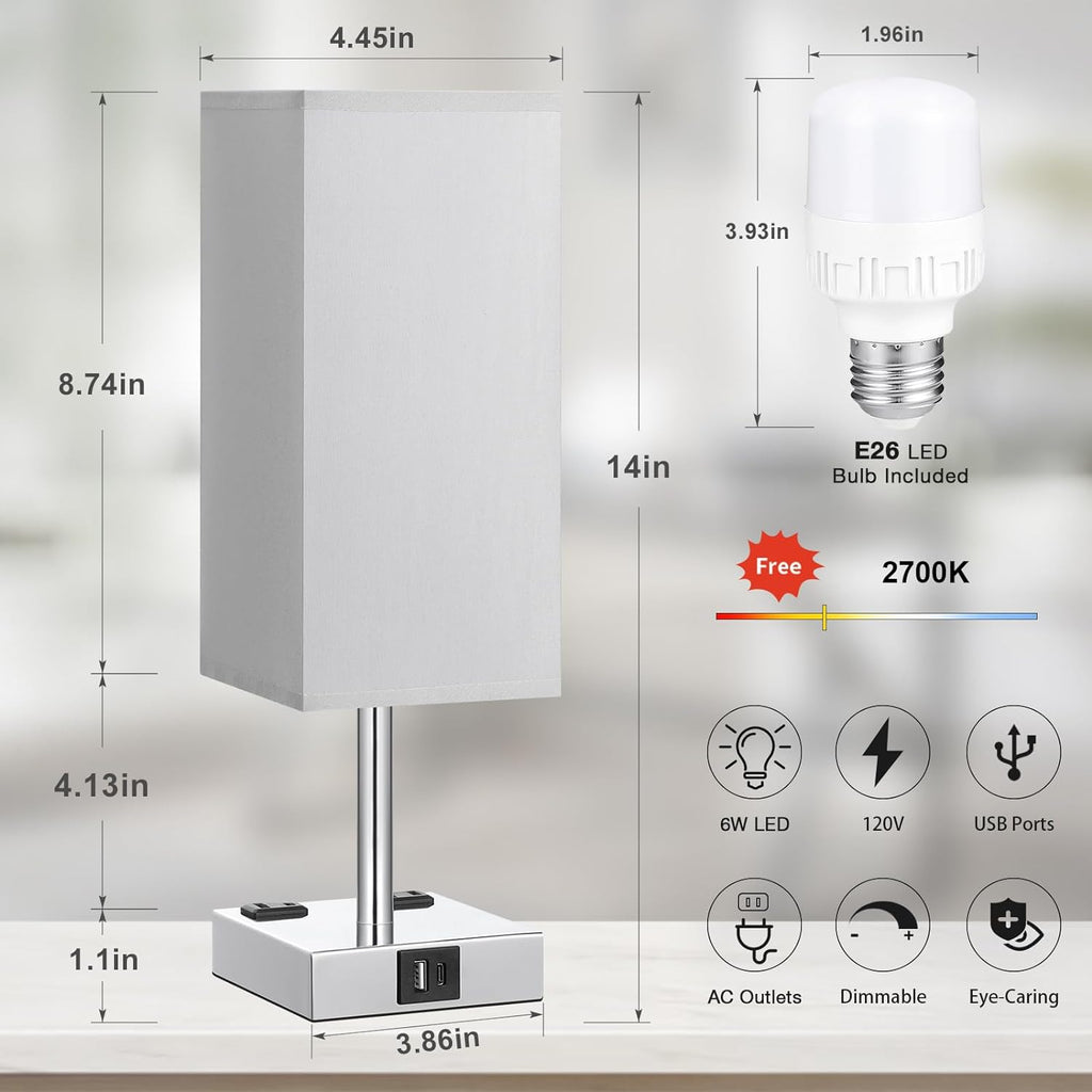 Touch Control Bedside Lamp -3-Level Dimmable Smart Table Lamp with USB Ports