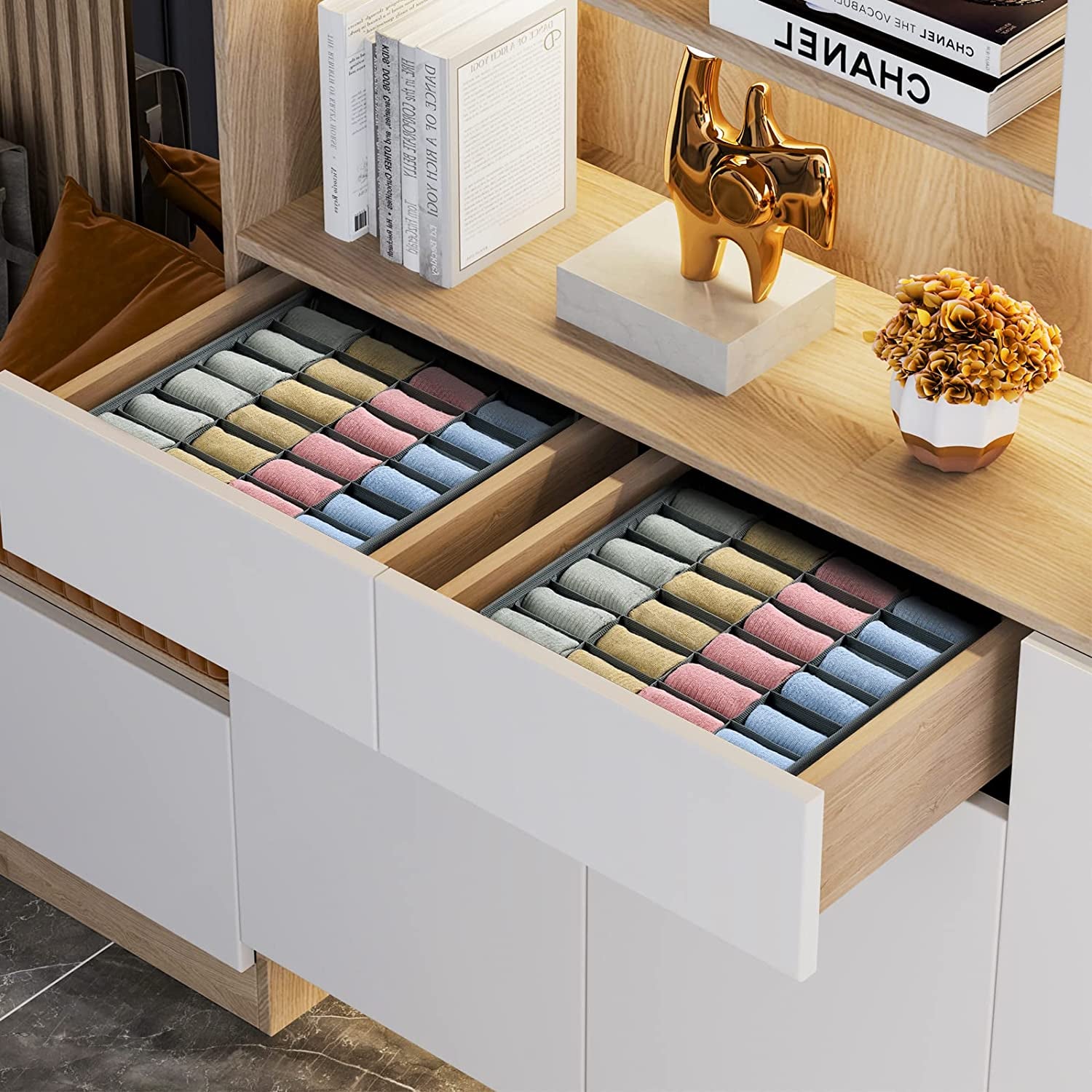 24-Cell Sock Drawer Organizer – Grey Closet Divider (2 Pack)