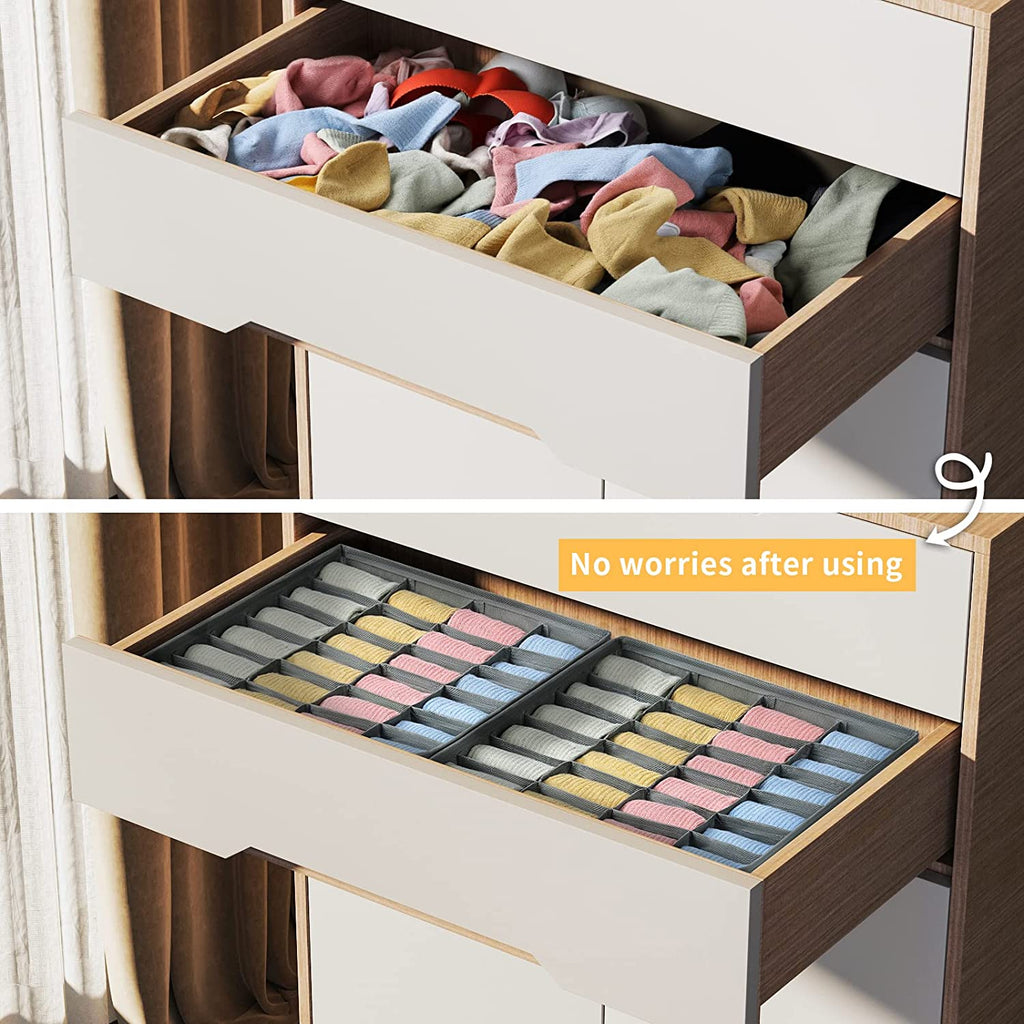 24-Cell Sock Drawer Organizer – Grey Closet Divider (2 Pack)