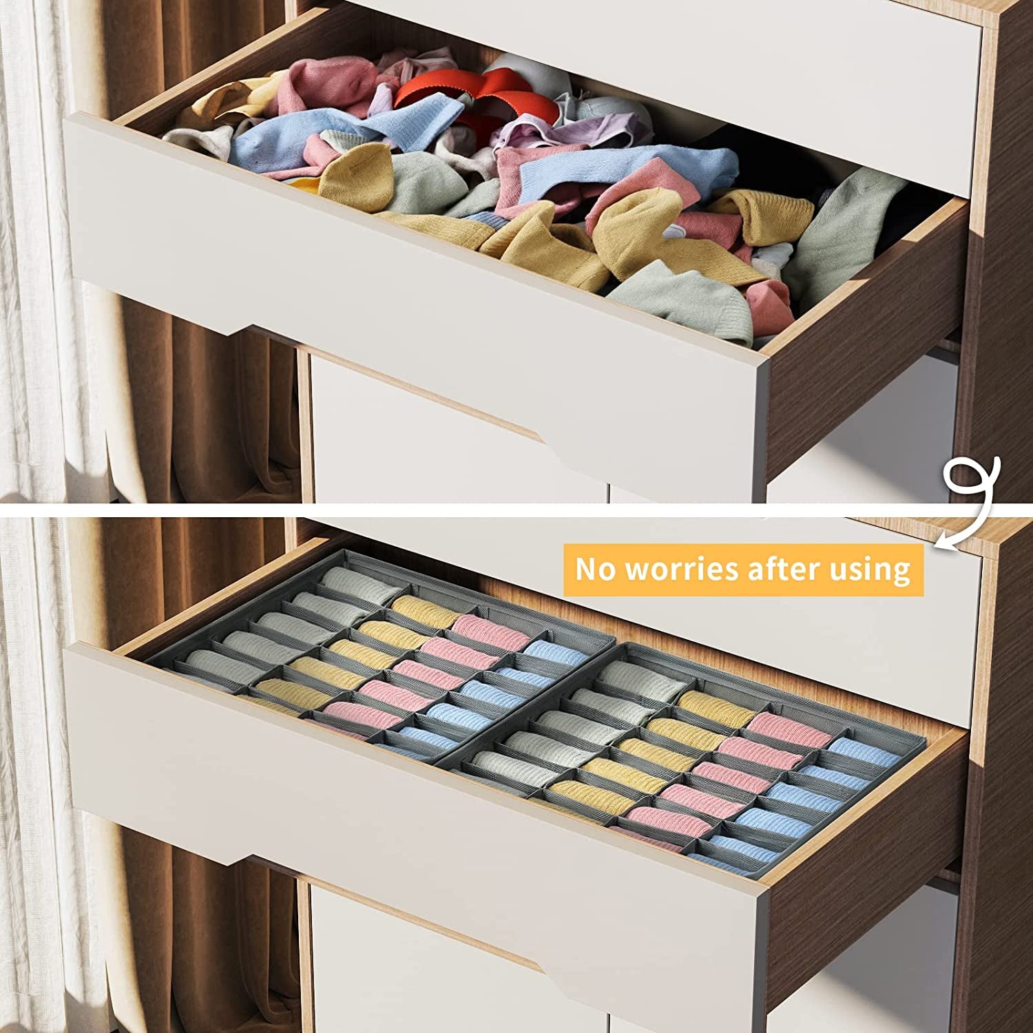24-Cell Sock Drawer Organizer – Grey Closet Divider (2 Pack)