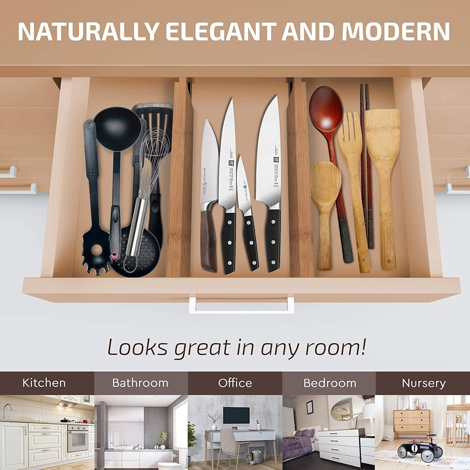 Large Expandable Bamboo Kitchen Drawer Organizer (6 Pack)