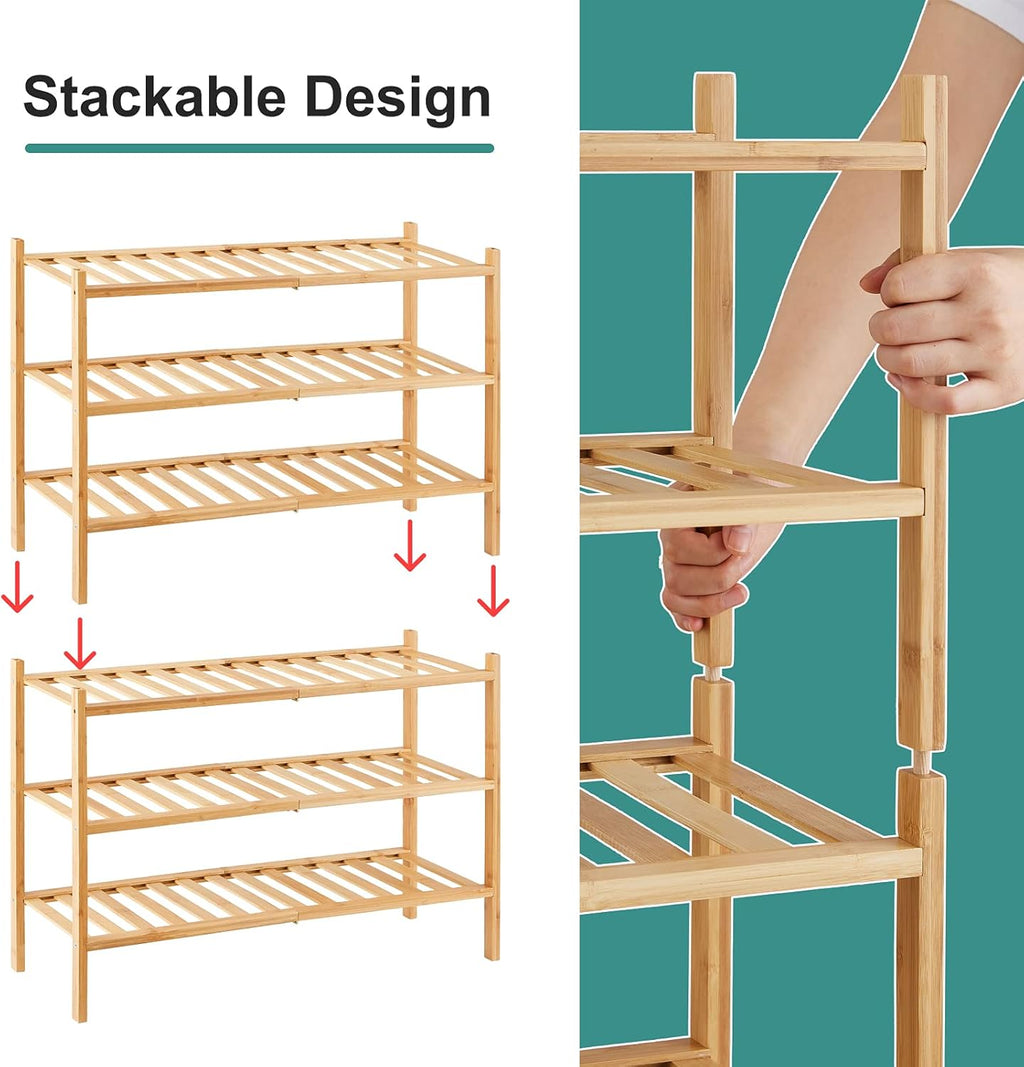 6-Tier Bamboo Shoe Rack – Stackable & Foldable Entryway Organizer