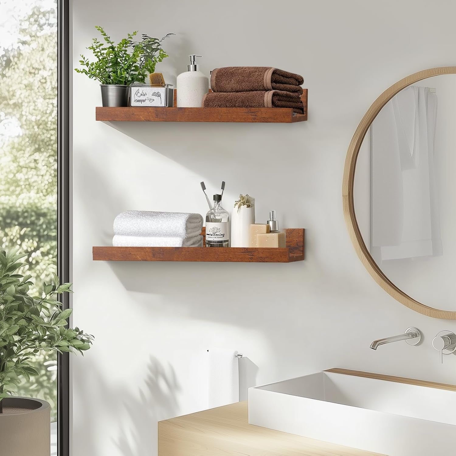 45.3” Floating Rustic Wall Ledge Shelves – Honey Brown (Set of 2)